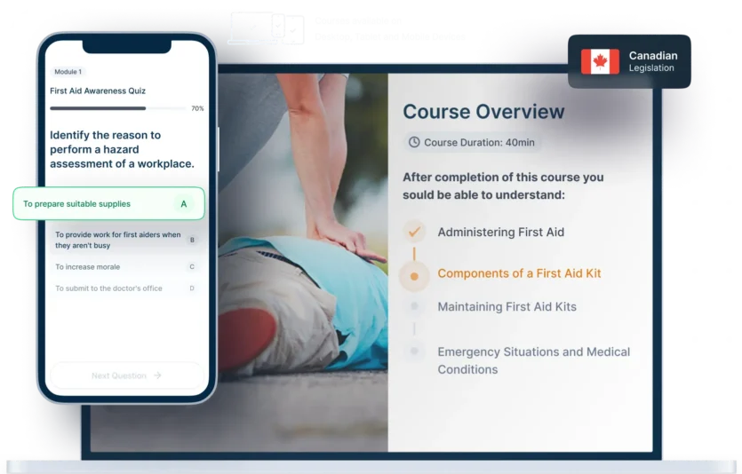 Laptop and phone mockups of First Aid Awareness Online Training, icons for device availability, and Canadian legislation badge
